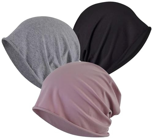 3er Pack Beanie Damen, Chemo Kopfbedeckung Damen, Baumwollmützen für Chemotherapie, Schlafmütze, Kopfbedeckung Chemo, Dünne Slouch Baumwolle Mütz, Atmungsaktive Mütze, Schwarz, Pink, Grau (Dünn)