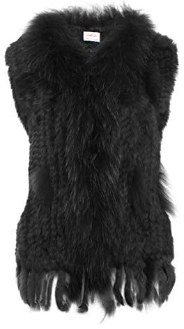 HEIZZI 100% Kaninchen Pelz Weste Mit Waschbär Halsband Gestrickte elegante weiche