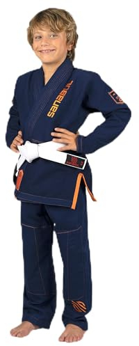 Sanabul Zukunft Legends BJJ Gi für Kinder | Premium Youth Brasilian Jiu Jitsu Gi mit freiem weißem Gürtel | Leichte und dauerhafte Jiu Jitsu Kimono für Kinder und Jugendliche (NAVY/ORANGE, K4)