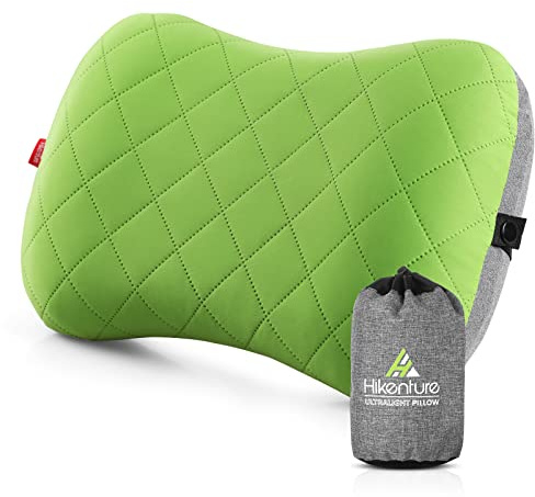 HIKENTURE Aufblasbares Camping/Reise Kissen mit Abziehbarem Kissenbezug | Ultraleichtes Ergonomisches Komfortables Kopfkissen Nackenkissen Kleines Packmaß Inflatable Travel Neck Pillow