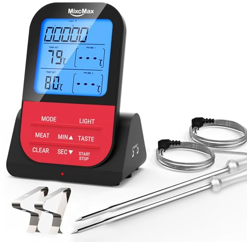 Fleischthermometer Kabellos, Grillthermometer Funk Digital Bratenthermometer BBQ Grill Zubehör mit Timer LCD Display 2 Sonde Kerntemperatur Steak Thermometer