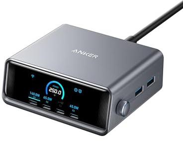 Anker Prime 250W USB C Ladegerät, Ultra-schnelle 6-Port GaN Ladestation, 2,26 LCD-Display und Smart Control Regler, kompatibel mit MacBook Pro/Air, iPhone 17/16/15, Pixel, Galaxy, Apple Watch & mehr
