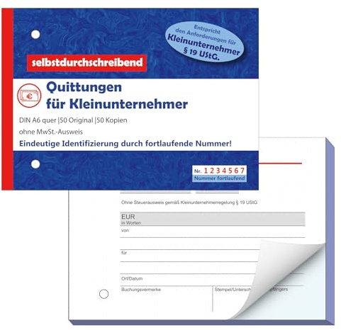 Nezyo Quittungsblock für Kleinunternehmer DIN A6 Gelocht 2 x 50 Blatt Selbstdurchschreibend Fortlaufend Nummeriert Eindeutige 7stellige Nummer Rechnungsblock mit Durchschlag(1 Stück, Horizontal)