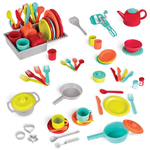 Battat Deluxe Küchenset, Kinderküche Zubehör Geschirr Set und Topfset Teller, Tassen, Besteck – Kinder Kochgeschirr für Spielküche – Spielzeug Küchenzubehör Spielgeschirr ab 2 Jahren (71 Teile)