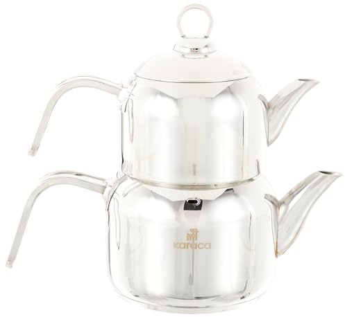 Karaca Manes Mini Türkische Teekanne Edelstahl - Induktion, 3-teiliges Teekannen Set, 2,1 Liter, Türkischer Teekocher Metall, Caydanlik mit Siebeinsatz & Deckel, Spülmaschinenfest