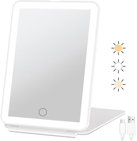 FUNTOUCH Kosmetikspiegel mit Beleuchtung, 2000mAh Wiederaufladbarer Tragbarer Ultraschlanker Reisespiegel mit Licht, 3 Farblichter Schminkspiegel, Faltbarer Makeup Spiegel für Zuhause Reise