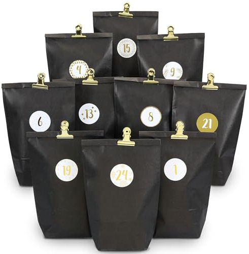 Papierdrachen Adventskalender 2025 zum Befüllen - 24 schwarze Geschenktüten mit Zahlenaufklebern & Metall-Klammern - DIY - zum Basteln - Weihnachten