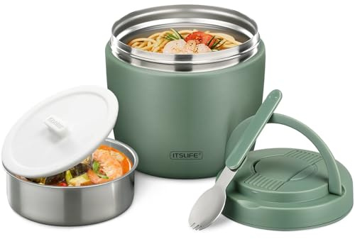 Itslife Thermobehälter für Essen 970ml, Thermoschüssel mit Deckel, Warmhaltebehälter aus Edelstahl mit Löffel, Thermoskanne Essen Auslaufsicher, Thermo Lunchbox für Suppen, Porridge, Grün