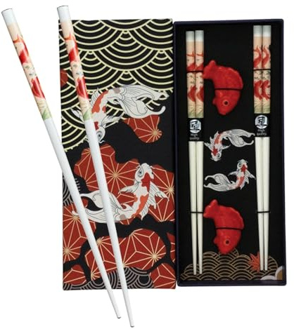 JADE TEMPLE Essstäbchen aus Bambus, im Koi-Design, mit Stäbchenhalter aus Porzellan, wiederverwendbar, japanische Essstäbchen zum Essen von Sushi, weiß, 22,5 cm, 2 Paar je Premium-Geschenkbox