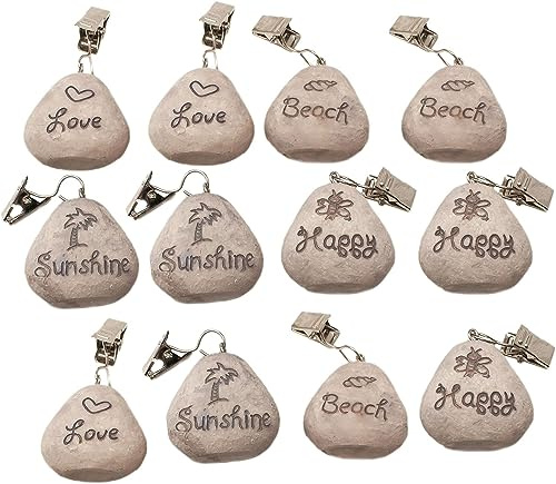 ToCi 12 x Tischtuchbommeln Set – Tischdeckenbeschwerer & Gewichte mit Clip – Tischdeckenhalter/Vorhangbeschwerer im Beach-Look – Polystone Clips für Decke, Duschvorhang & Vorhang