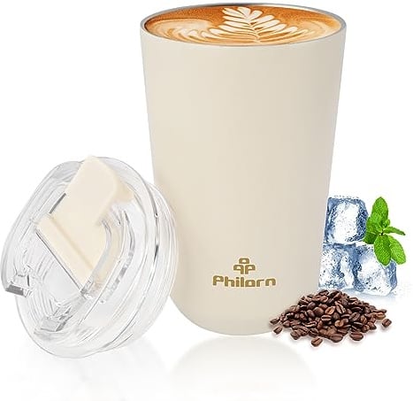 Philorn Thermobecher Kaffee to go Becher - 13oz/380ml Kaffeebecher to go mit Deckel, Auslaufsicher Coffee to-go Becher Thermo aus Edelstahl, Wiederverwendbar Kaffee Thermobecher, Weiß