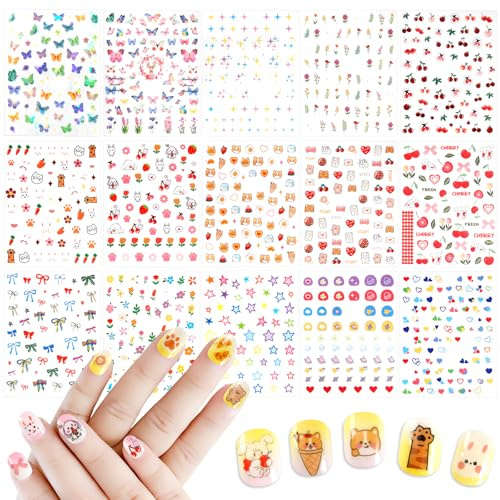 Allstarry 720+ Pcs Nagelsticker Kinder, 15 Bögen Nagel Sticker Kinder | Kids Nail Sticker Nagelsticker Selbstklebend Tier Frucht Schleifen Blumen Nagelbilder Mädchen als Geschenk für Kleine Mädchen