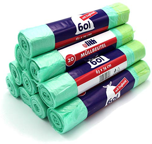 200 Müllbeutel mit Zugband 60L 20 Stück je Rolle 63 x 74 cm, Reißfest und flüssigkeitsdicht (10 Rollen)