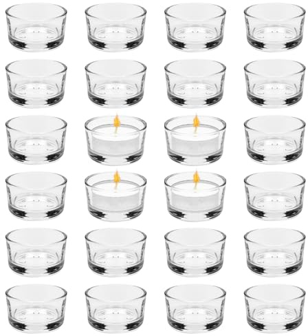 24er Teelichtgläser Set, Kerzengläser 4,5 cm Dm, Klar Teelichthalter Glas, Kerzenhalter Dekorationen, Mini Kerzenhalter Glas für Home Tischdeko, für Hochzeit, Dekorativ Kerzenglas