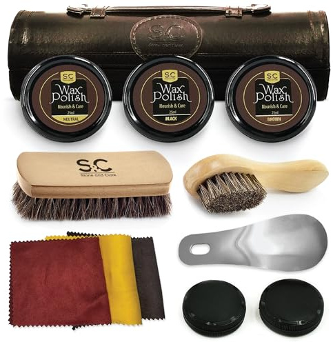 Stone & Clark 12-teiliges Schuh Polier- & Pflege-Kit, mit braunem Wachs, Schuhbürsten zum polieren, Poliertuch & Schuhlöffel, kompaktes Schuhpflege Kit mit Polierbürste & Kunstleder Tasche