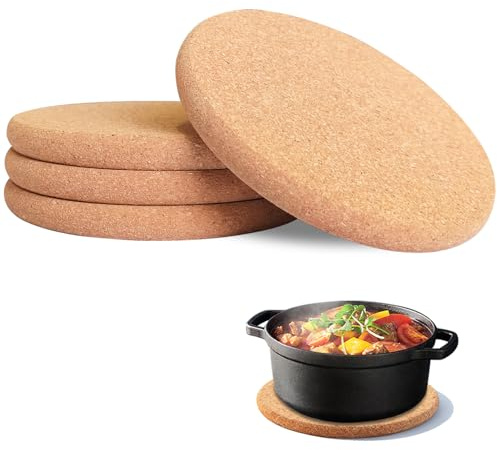 4er-Set 19cm Küchen Topfuntersetzer Hitzebeständig | Korkuntersetzer rund Schützt Tische vor Hitze ideal für Hausfrauen in der Küche bei heißen Töpfen