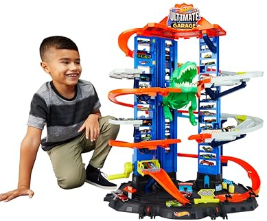Hot Wheels Garage, Hot Wheels Parkgarage inkl. 2 Spielzeugautos, mit mehrstöckiger Autorennbahn, T-Rex Angriff und Platz für +100 Autos, Höhe: 90cm, Auto Spielzeug, Spielzeug ab 5 Jahre, GJL14