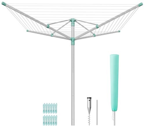 SONGMICS Wäschespinne, Wäscheständer höhenverstellbar, 50 m Wäscheleine | Aluminiumlegierung, mit Bodenanker, Schutzhülle, Schutzkappe, für 5 Waschladungen, BUNJI Kollektion LLR301E01