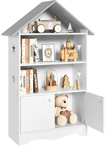 WOLTU Kinderregal Spielzeugregal mit Abschließbarer Tür, 3 Regale Bücherregal für Kinder, Mehrzweck Holz Aufbewahrungsregal im Kinderzimmer(Weiß)