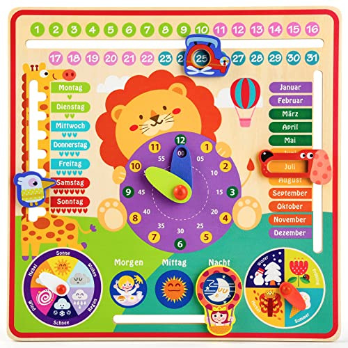 Atoylink Lernuhr Kinder Holz Lerntafel Uhr Jahreszeiten Kalenderuhr Deutsche Sprache Holzspielzeug Lernspielzeug Montessori Spielzeug für Kinder Kleinkinder 3 4 5 6 7 Jahren