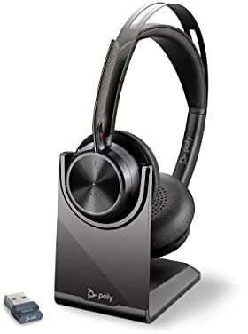 Plantronics Voyager Focus 2 UC schnurloses Headset + Ladestation (Poly) – Active Noise Cancelling (ANC) – lange Sprechzeit – Verbindung zu PC/Mac/Mobilgerät per Bluetooth – Teams, Zoom & mehr