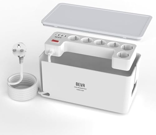 BEVA Kabelbox mit Steckdosenleiste 3680W/16A,1050J Steckdosenleiste Überspannungsschutz + 2M Kabel, Integrierte Mehrfachsteckdose Power Strips 6 Steckdosen + 3 USB-A+ 1 USB-C (15W) mit Schalter, Weiß