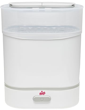 NIP Sterilisator Babyflaschen: Vaporisator für bis zu 6 Flaschen, Schnuller + Zubehör, Schnelle und sichere Dampfsterilisation in nur 9 Minuten, mit Abschaltautomatik, Weiß