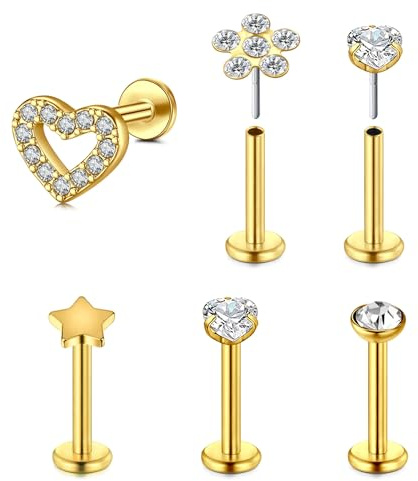 VFUN 16G Chirurgenstahl Labret Studs Monroe Piercing Lippenpiercing Retainer Cartilage Tragus Nail Conch Helix Ohr Barbell Piercing Schmuck mit Diamond CZ für Damen Herren