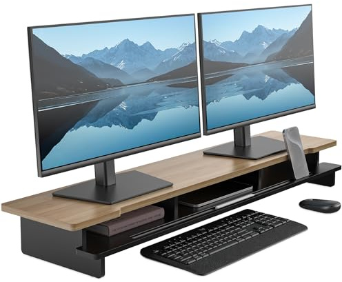 WELL WENG 108cm Monitorständer Ablagefach für Telefon/Tablet/Stift, Schwarz | Bildschirmerhöhung 2 monitore, Bildschirmständermit Stauraum für Schreibtische von 140–183 cm Monitorerhöhung