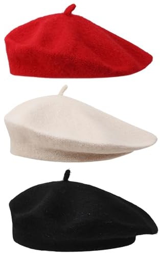 3 Stück Baskenmütze Klassisch Plain Französischer Stil, Baskenmütze Damen | Baskenmütze Einfarbig, Flauschige Baskenmützen in Schwarz, Beige und Rot, Künstler Mütze Franzosen Mütze Barrett, Barett