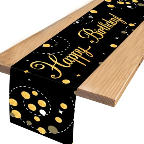 Tischläufer Happy Birthday Schwarz Gold, 35x180cm 300D Oxford Stoff, Tischdeko Geburtstag für Männer Frauen Kinder, Geburtstagsdeko für Party Feier Hausbar