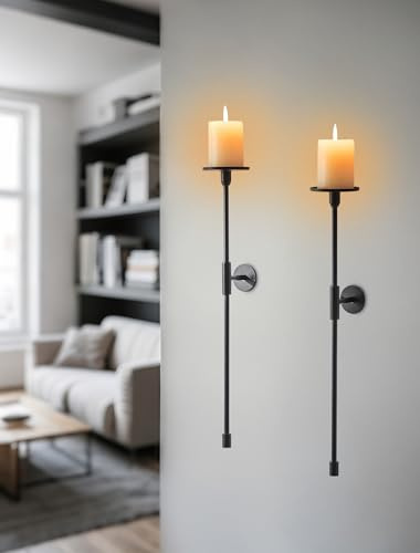 Sziqiqi Kerzenhalter Wand Schwarz Wandkerzenhalter: 60cm Lange Kerzenständer Wand für Stabkerzen Stumpenkerzen - 2 Stück Moderne Wanddeko Metall Kerzenhalter für Wohnzimmer Schlafzimmer Esszimmer Flur