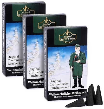 Crottendorfer Räucherkerzen Weihnachtlicher Weihrauch 3er Pack (3 x 24 Stück) – Kräftiger Weihrauch vermischt mit exquisiter Vanillenote – Höhe 2,7cm, Ø 1,2cm – 15 Min. Brenndauer pro Räucherkegel