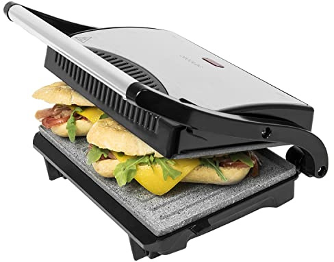 Cecotec Kontaktgrill Rock'nGrill 700 W, RockStone-Beschichtung, 23x14,5 cm | höhenverstellbare Schwebeplatte, mühelose Reinigung, Cool-Touch-Griff, Signalleuchte, Verschlussclip für vertikale Lagerung
