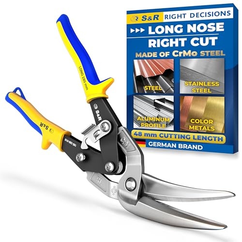 S&R Blechschere Rechtsschnitt 280mm – Durchlaufblechschere aus Hochleistungsstahl mit CrMo-Stahlklingen, induktionsgehärtet 60–62 HRC, 48mm Schnittleistung – ergonomisch, Anti-Rutsch-Griffe