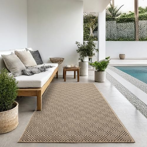 the carpet Kansas Outdoor Teppich – Wetterfester Indoor & Outdoor Teppich im Jute-Look für Balkon, Terrasse, Garten, Wohnzimmer & Esszimmer, pflegeleicht und UV-beständig, Raute, ca. 60 x 180 cm