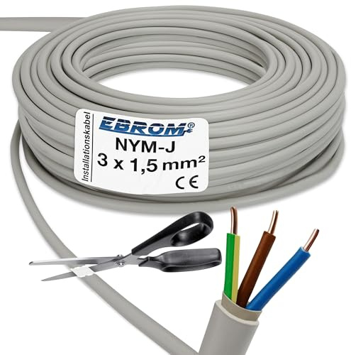 EBROM NYM-J 3x1,5 mm² - Mantelleitung - Installationsleitung - Feuchtraumleitung - grau - große Auswahl in vielen Längen in 5 Meter Schritten bis 250 Meter am Stück - Ihre Länge: 3x1,5 mm2, 10 Meter
