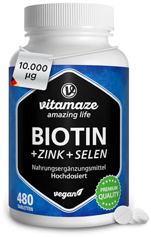 Biotin hochdosiert 10.000 mcg + Selen + Zink für Haarwuchs, Haut & Nägel, 480 vegane Tabletten für 480 Tage, Nahrungsergänzung ohne Zusatzstoffe, Made in Germany