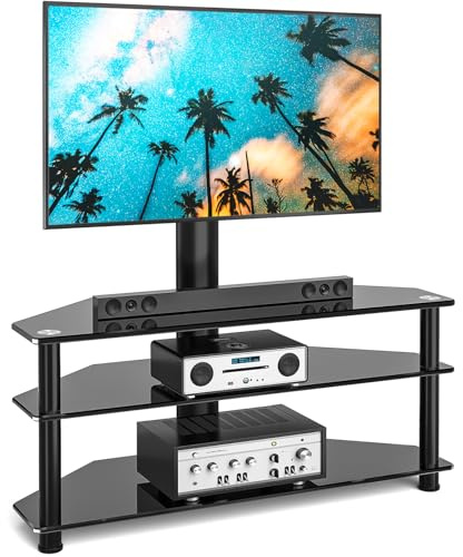 Rfiver TV Rack Glas Fernsehtisch TV Ständer für 32-70 Zoll Fernseher, ±45° Schwenkbar & Höhenverstellbar TV Eckschrank Möbel Fernsehschrank mit 3 Regal aus gehärtetem Glas | Max 50KG VESA 600x400mm