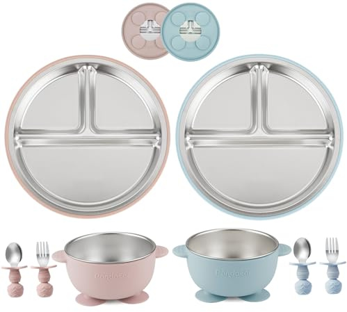 PandaEar 8er Set Edelstahl 2 Baby Teller & 2 Schüsseln 2 Löffel und 2 Gabel – Unterteilte Kleinkind-Teller für Baby Led Weaning – BPA-freies Fütterungsset – Pink & Blau