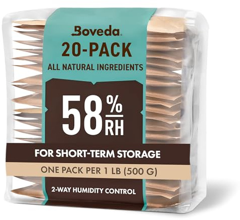 Boveda zur Aufbewahrung von Kräutern | 2-Wege-Feuchtigkeitsregulierung mit 58% relativer Feuchtigkeit | Größe 67 schützt bis zu 450 g Blüten | verhindert den Verlust von Terpenen | 20 Stück