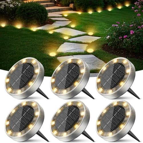 Peasur Solar Bodenleuchten Aussen 6 Stück Warmweiß | 8 LED Wetterfest Solarlampen für Außen Garten, Solarleuchten Gartenbeleuchtung für Boden Weg Rasen Gehweg Beet Blumentopf