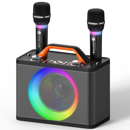Karaoke Maschine mit 2 Kabellosen RGB-Mikrofonen – 5200 mAh Karaoke mit 10 RGB-Modi, unabhängiges Bedienfeld, 13-Stunden-Wiedergabe, Hi-Fi-Sound, Karaoke unterstützt AUX/USB/TF-Karte/USB/Coax (grau)
