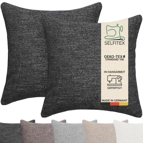 Selfitex 2er Set 40x40 cm, Sofakissen mit Füllung und Bezug, Dekokissen, Kopfkissen mit weicher Kissenfüllung, stilvolle Kissen Deko, robuster Polsterstoff, hochwertiges Couch Kissen (Anthrazit)