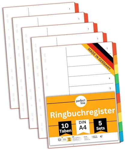 perfect line - Ordner-Register A4 10-teilig 5er Set – Recycling-Karton 160g/m² – Blauer Engel zertifiziert – Made in Germany – Ringbuch Trennblätter