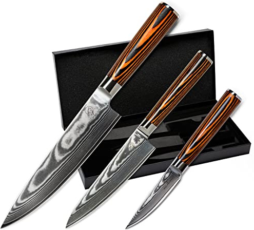 Wolfblood 3er Damastmesser Set 32/26 & 20cm | Echter 67 Lagen Damaststahl | 62±2 HRC TÜV-geprüfter, optimierter VG-10 Stahl | Damast Küchenmesser Set | Chefmesser, Klingenschutz & Geschenkbox