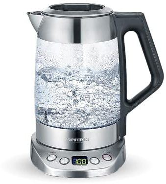 SEVERIN Glas Tee- und Wasserkocher, Teekocher mit einstellbarer Temperatur und Ziehzeit, Glas Wasserkocher mit voreingestellten Teeprogrammen, 3.000 W, Edelstahl, WK 3479