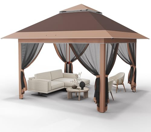 Devoko Pop Up Pavillon 3,25 x 3,25 Wasserdicht Stabil, Gartenpavillon mit Extra Großer Schattenfläche, Belüftetes Design, Geeignet für Haustiere, Ideal für Gärten und Festivals, Braun