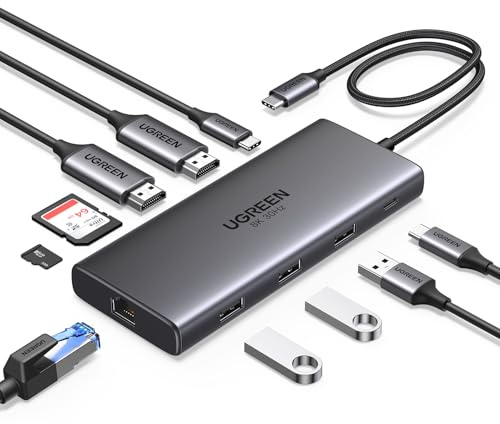 UGREEN Revodok Pro USB C Docking Station Dual HDMI 10 IN 1 Hub 2 HDMI, Gigabit Ethernet, 4X USB C/USB A Ports, PD 100W Schnellladen, SD/TF Kartenleser