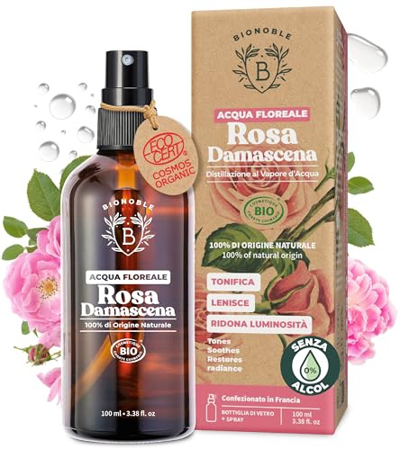 BIONOBLE Rosenwasser Bio - Vitalisiert, Beruhigt, Verleiht Strahlkraft - 100% Natürliches Rosenhydrolat Bio Ohne Alkohol - Rosenwasser Gesichtswasser, Haare - Rose Water Spray in Glasflasche - 100ml